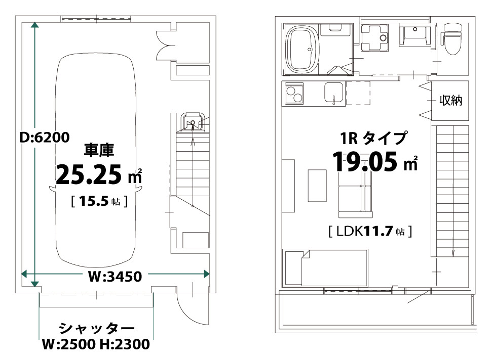 静岡の賃貸ガレージハウスは大場建設：施工実績1「G+BASE」間取り